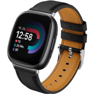 Pulseira de couro preto para Fitbit Versa 4