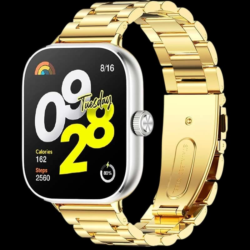 Pulseira metálica dourada com elos largos e fecho dobrável, ajuste preciso e acabamento polido. Compatível com Mi Band 9 Pro, 8 Pro, Redmi Watch 4, 5, 6 e