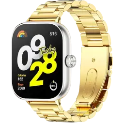 Pulseira metálica dourada com elos largos e fecho dobrável, ajuste preciso e acabamento polido. Compatível com Mi Band 9 Pro, 8 Pro, Redmi Watch 4, 5, 6 e