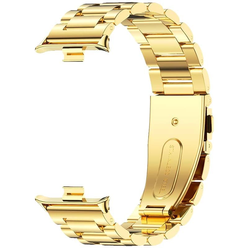 Pulseira metálica dourada com elos largos e fecho dobrável, acabamento polido brilhante, compatível com Mi Band 9 Pro, Band 8 Pro e Redmi Watch 4/5/6/10 Pro
