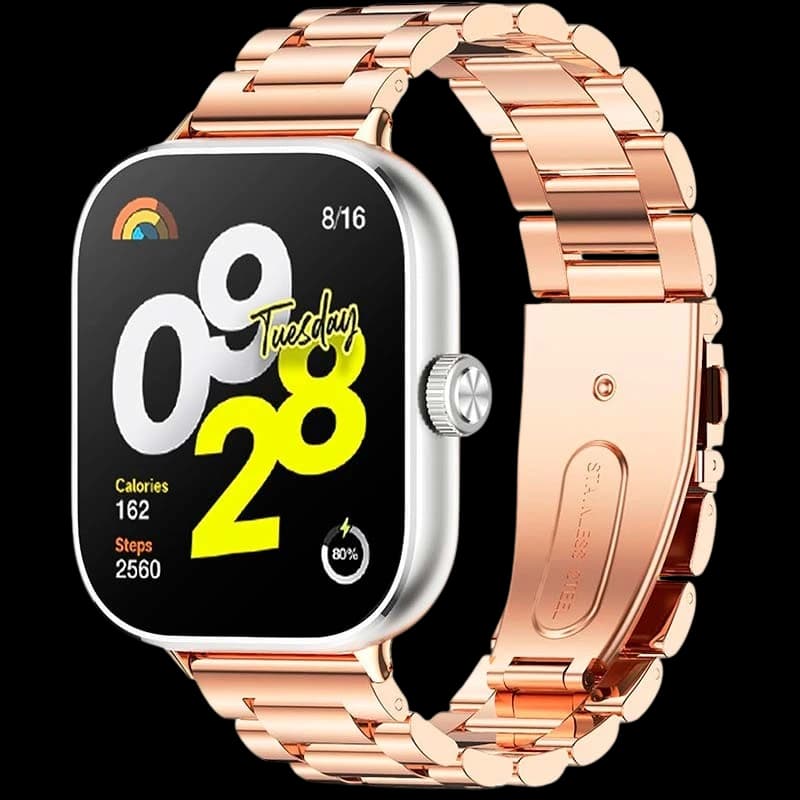 Pulseira metálica dourado rosa com elos largos, fecho dobrável e encaixe para Mi Band 9 Pro, Band 8 Pro, Redmi Watch 4 5 6 e Smart Band 10 Pro