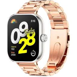 Pulseira metálica dourado rosa com elos largos, fecho dobrável e encaixe para Mi Band 9 Pro, Band 8 Pro, Redmi Watch 4 5 6 e Smart Band 10 Pro