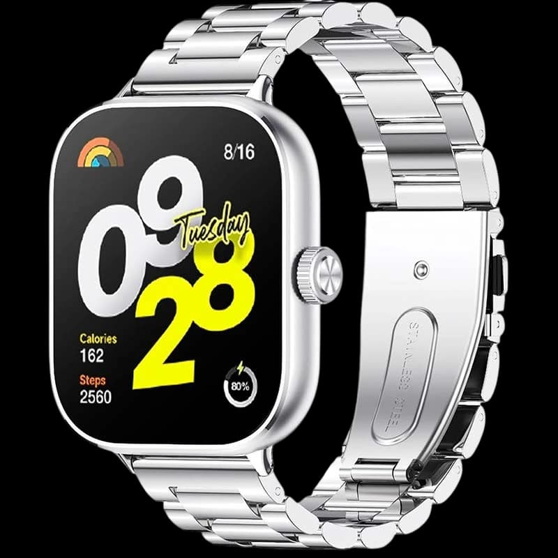Pulseira de metal prateada com elos largos, fecho dobrável e acabamento polido, compatível com Mi Smart Band 9 Pro, Band 8 Pro e Redmi Watch 4/5/6/10 Pro