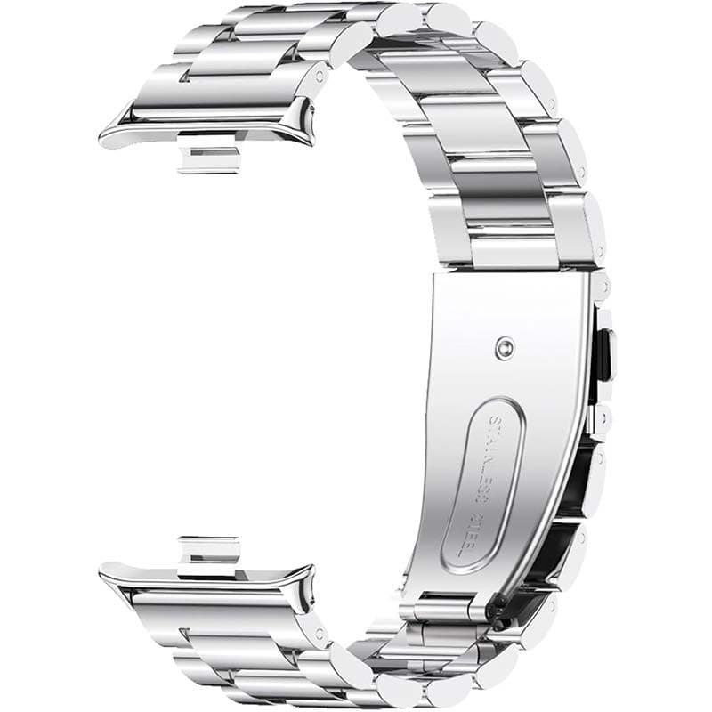 Pulseira Metal Elos prateada em aço inox, acabamento polido, fecho dobrável. Compatível com Mi Band 9 Pro, Band 8 Pro, Redmi Watch 4, 5 e 6