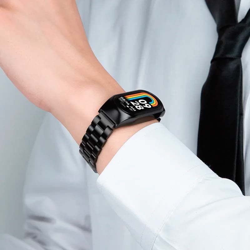 Fotografia real da correia de metal de elos pretos para o Xiaomi Smart Band 8