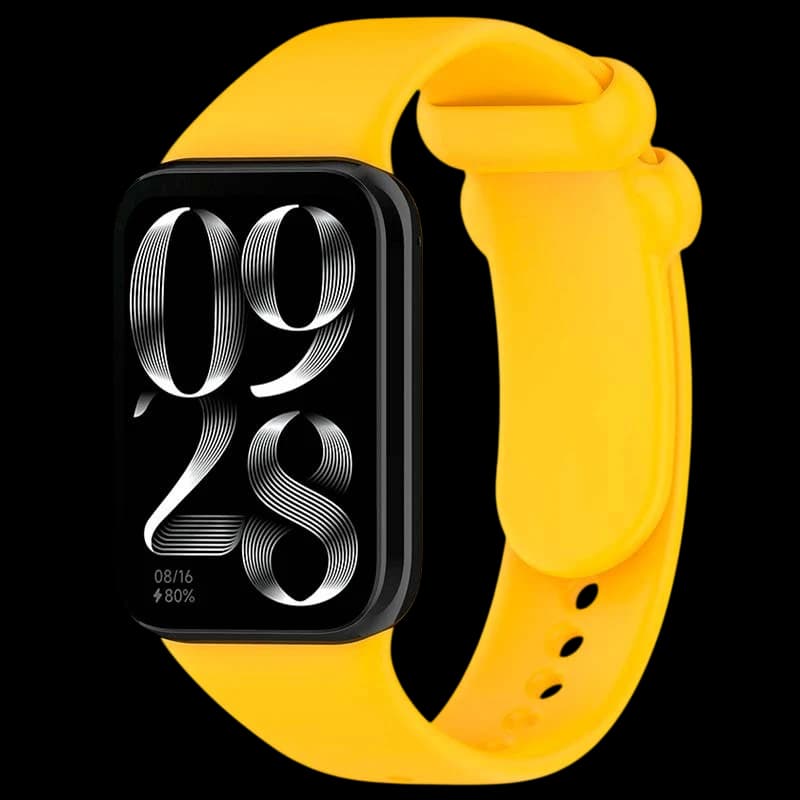 Pulseira de silicone amarela para smartwatch, acabamento fosco, fecho com pino e furos ajustáveis. Compatível com Mi Smart Band e Redmi Watch.