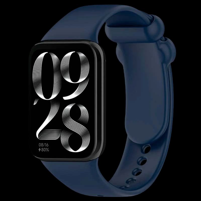 Pulseira de silicone azul marinho para smartwatch, acabamento liso, fecho com pinos ajustáveis e encaixe curvo compatível com modelos Xiaomi e Redmi