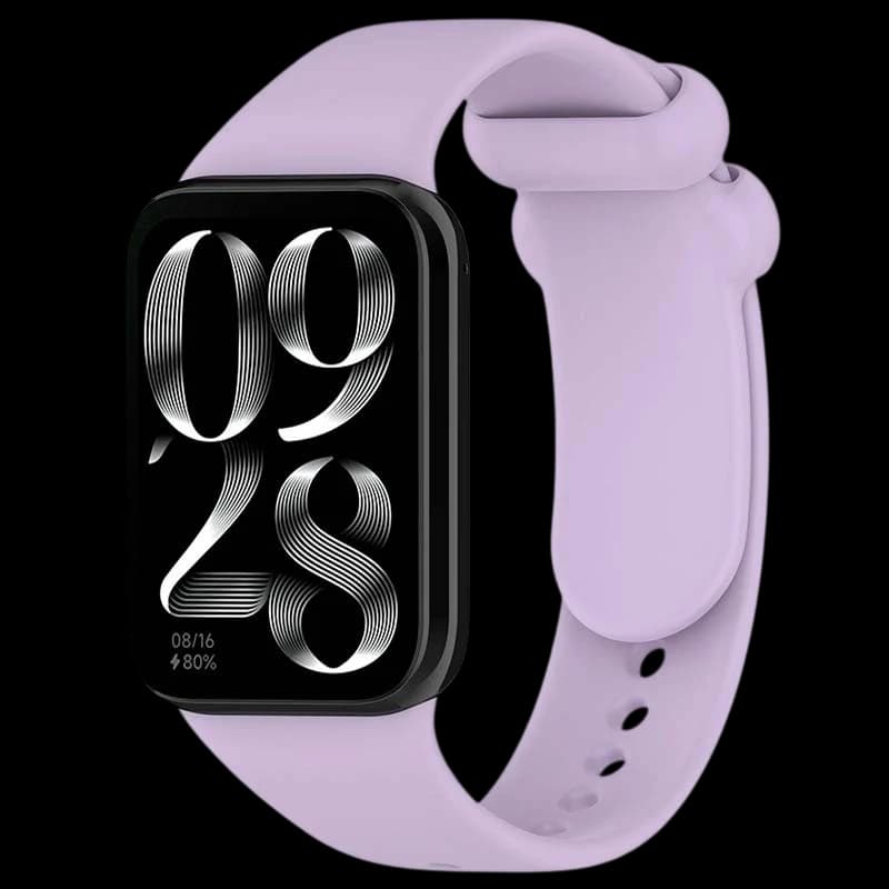 Pulseira de silicone roxa para smartwatch, macia e ajustável, com fecho seguro e múltiplos furos. Compatível com Mi Band 9 Pro, 8 Pro, Redmi Watch e Smart