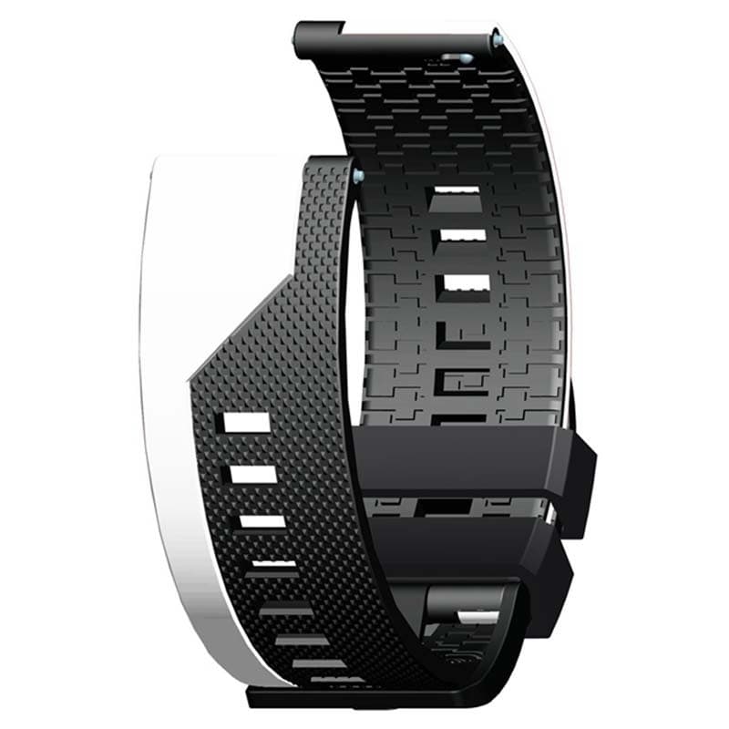 Pulseira Universal Stripe 22mm para Smartwatch com design bicolor preto e branco, textura antiderrapante, ventilação por recortes e fecho resistente