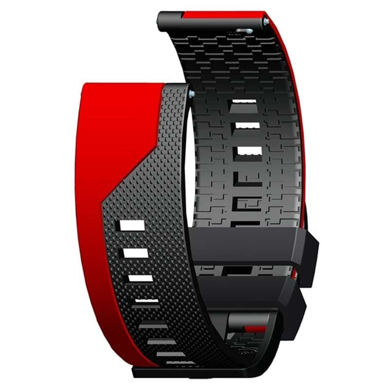 Pulseira Universal Stripe 22mm bicolor vermelho e preto, ventilada com furos, textura antiderrapante e fecho seguro para smartwatches Xiaomi, Amazfit e mais