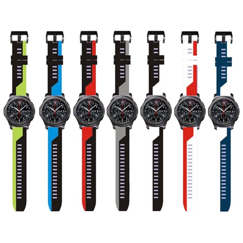 Pulseira Universal Stripe 22mm multicolorida em silicone, com fivela preta. Estilo esportivo, resiste ao suor e compatível com vários smartwatches.