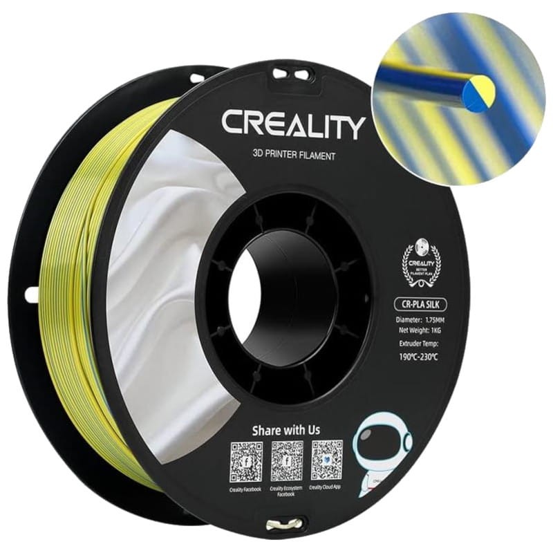Filament Creality PLA CR-Silk - 1,75 mm - Avec texture soyeuse et brillante et toucher doux - Vitesse d'impression jusqu'à 100 mm/s - Bobine de 1 kg Couleur Jaune et bleu - Compatible avec les imprimantes 3D FDM - Ítem