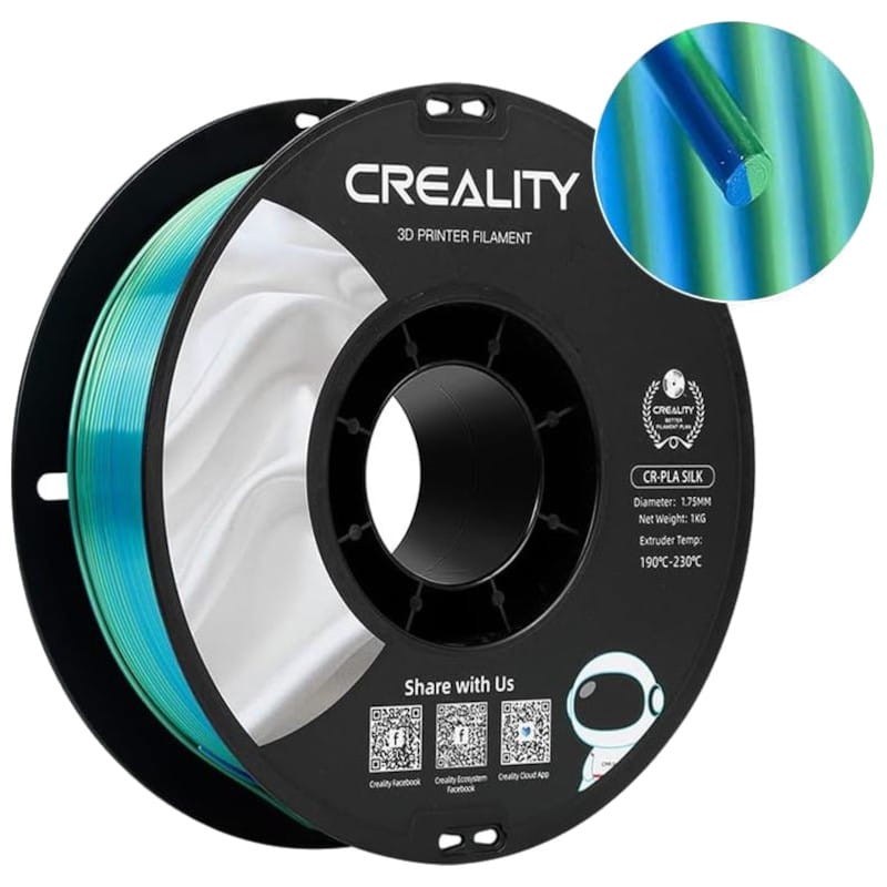 Filament Creality PLA CR-Silk - 1,75 mm - Avec texture soyeuse et brillante et toucher doux - Vitesse d'impression jusqu'à 100 mm/s - Bobine de 1 kg Couleur Bleu et vert - Compatible avec les imprimantes 3D FDM - Ítem