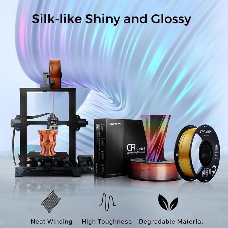 Filament Creality PLA CR-Silk - 1,75 mm - Avec texture soyeuse et brillante et toucher doux - Vitesse d'impression jusqu'à 100 mm/s - Bobine de 1 kg Couleur Jaune et bleu - Compatible avec les imprimantes 3D FDM - Ítem1
