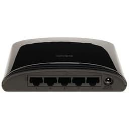 Switch D-link DES-1005D preto com 5 portas RJ45 10/100Mbps na traseira, corpo compacto e acabamento brilhante; entrada de energia lateral 5V 1A