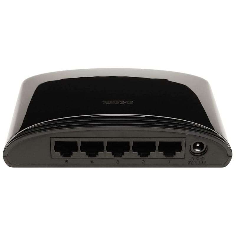 D-link DES-1005D Switch with 5 Ports 10/100Mbps noir brillant, 5 ports Ethernet numérotés à l arrière, voyant LED et prise d alimentation latérale