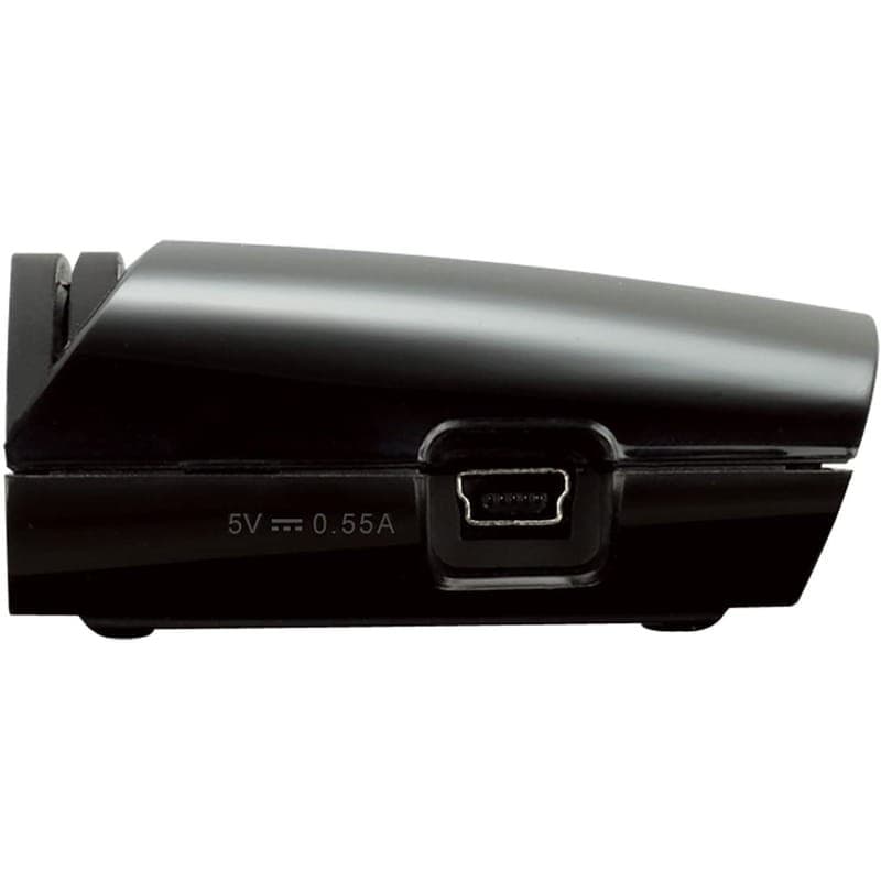 Vue latérale brillante d’un boîtier noir D-link DES-1005D, port d’alimentation 5V 0.55A visible, forme compacte et courbée, finition lisse élégante