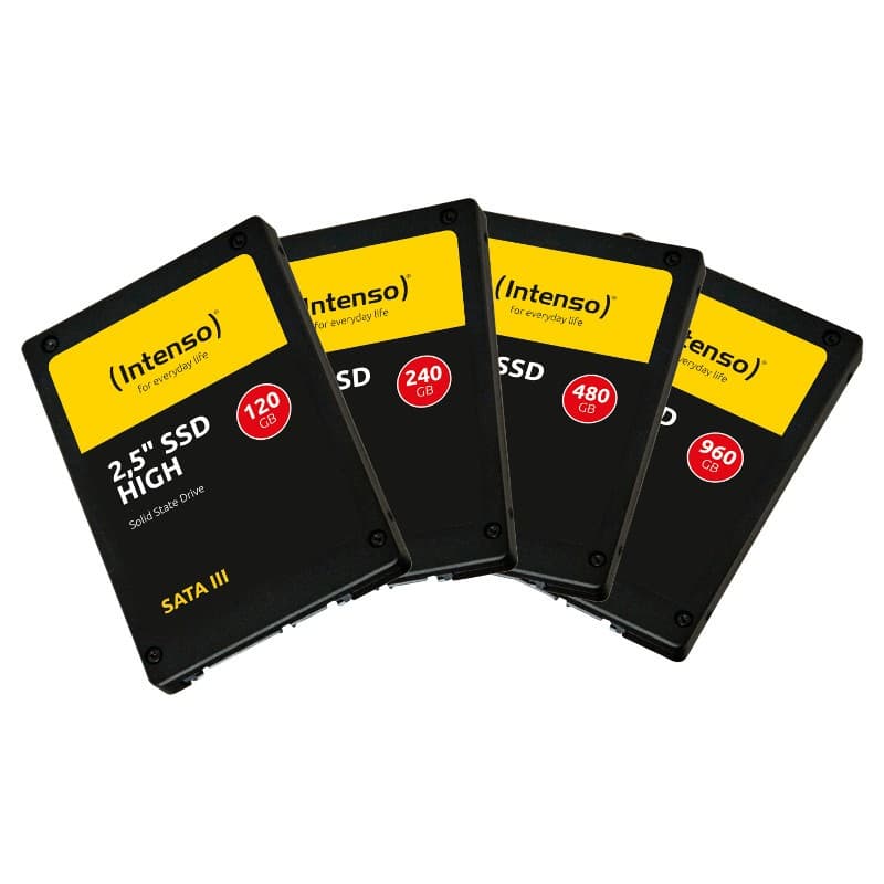 Disque dur SSD 120 Go Intenso SATA3 noir 2,5 pouces, étiquette jaune, format fin, boîtier rectangulaire avec connectique SATA visible sur la tranche