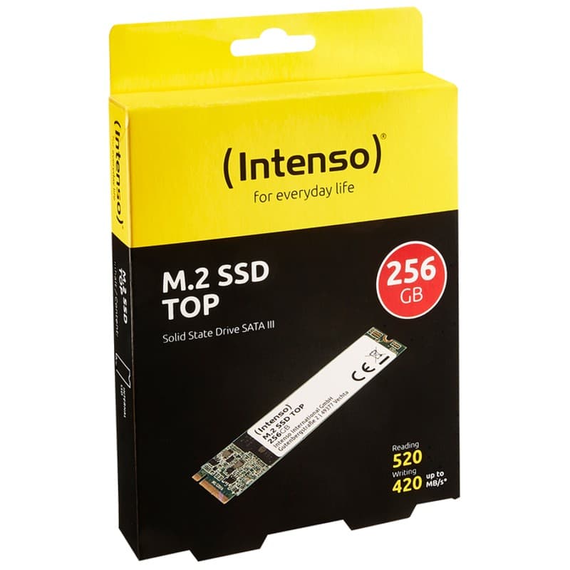 Caixa amarela e preta da Intenso com SSD M.2 SATA III 256GB; destaca velocidades de leitura 520 MB/s e gravação 420 MB/s, módulo fino com PCB verde