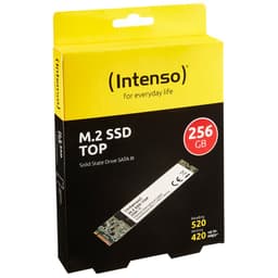 Caixa amarela e preta da Intenso com SSD M.2 SATA III 256GB; destaca velocidades de leitura 520 MB/s e gravação 420 MB/s, módulo fino com PCB verde
