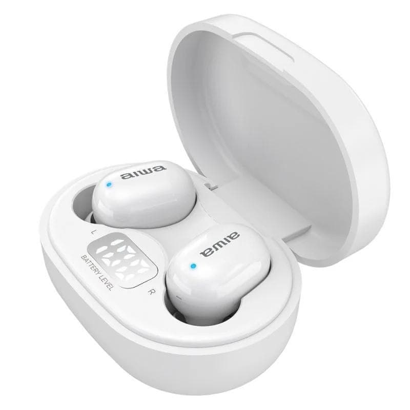 Aiwa EBTW-150 TWS White - Oreillette Bluetooth dans un étui de chargement, vue latérale