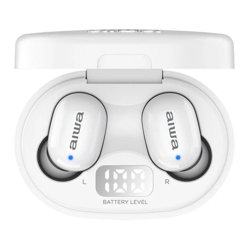 Aiwa EBTW-150 TWS White - Oreillette Bluetooth dans un étui de chargement vue de dessus