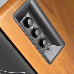 Edifier R1280DBs 42W Bluetooth Preto, Madeira - Sistema de colunas ativas Detalhe lateral com comandos