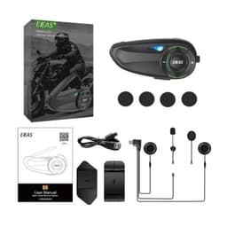 EJEAS Q8 Mesh Intercom: módulo preto aerodinâmico com botão + iluminado, alto-falantes, microfones boom e fios, suportes, cabos USB e manual inclusos