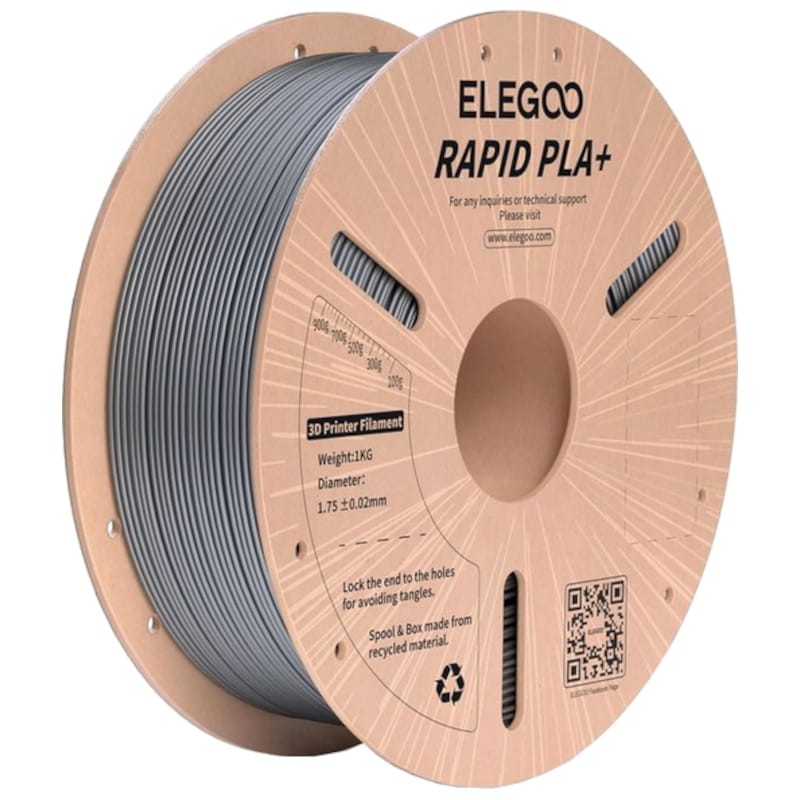 Filamento ELEGOO Rapid PLA + (PLUS) - 1,75mm - Impressão a alta velocidade até 600mm/s - Bobine de 1kg Cor Prateado - Compatível com impressoras 3D FDM - Item