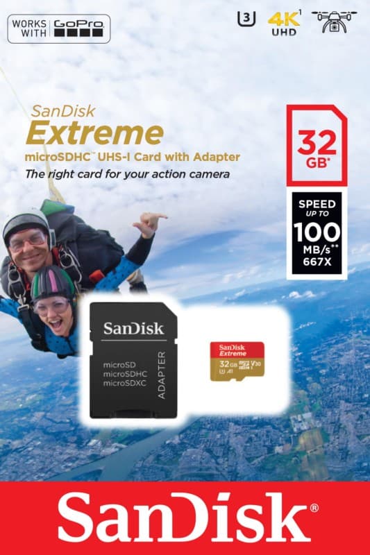 SanDisk Extreme UHS-I 32 GB U3 V30 A1 SDXC Amarelo / Vermelho - Imagem da embalagem do cartão microSD