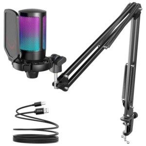 Fifine AmpliGame A6T RGB USB Type-C Microphone Noir pour Enregistrement et Streaming sur PC