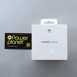 HUAWEI FreeClip Rose Gold en boîte blanche élégante, logo doré en haut, typographie nette au centre, fond gris minimaliste, carte PowerPlanet à côté