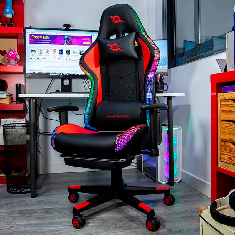 Cadeira PowerGaming LED RGB V2 vermelha com apoio para os pés Foto real