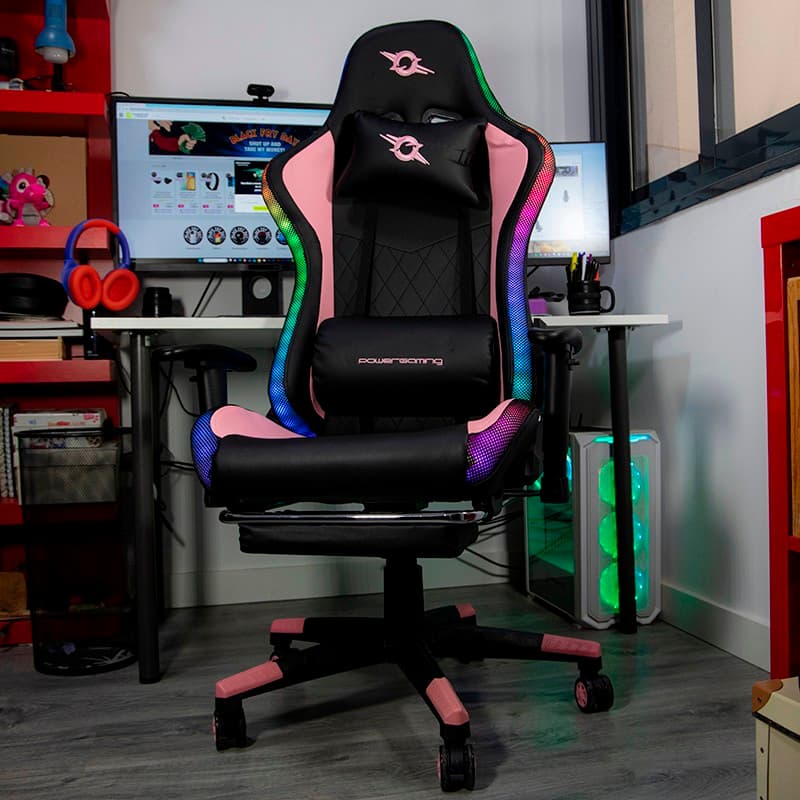 Chaise rose PowerGaming LED RGB V2 avec repose-pieds photo réelle