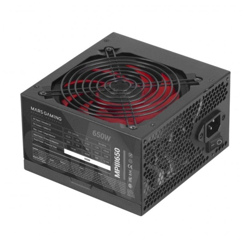 Detalle del conector y de las especificaciones de la Fuente de alimentación Mars Gaming MPIII650 650W Negro