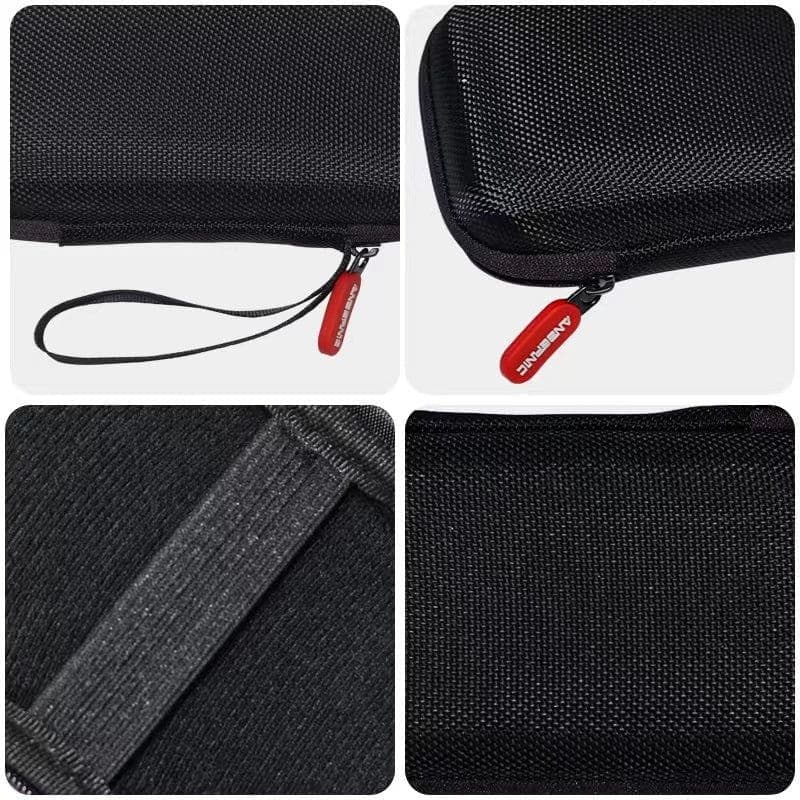 Étui de protection Anbernic RG DS Noir en tissu texturé, fermeture éclair rouge avec dragonne, coque rigide, sangle intérieure pour maintenir la console
