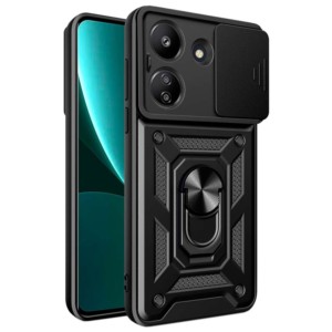 Funda Armadura Militar negra para Xiaomi Redmi 13C con protección de cámara, soporte magnético y anillo