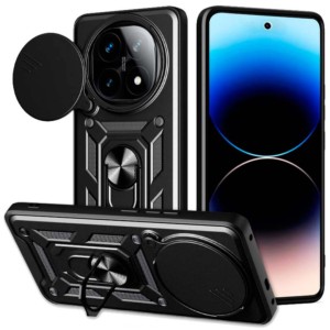 Funda Armadura Militar para Xiaomi Redmi Note 14 Pro Plus 5G con Protección de Cámara, Soporte Metálico y Anillo Negro