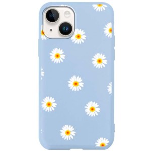 Coque en silicone bleu clair avec motif de marguerites pour iPhone 14