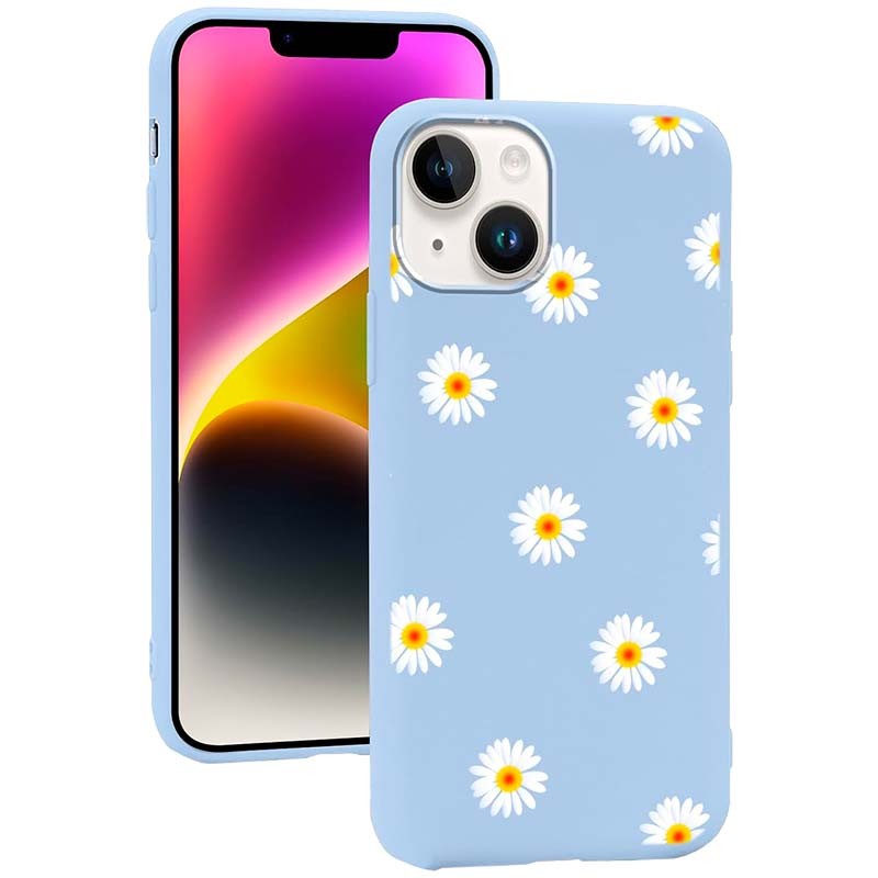 Coque en silicone bleu clair avec motif de marguerites pour iPhone 14 - Ítem1