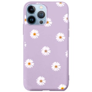Coque en silicone lilas avec motif de marguerites pour iPhone 14 Pro