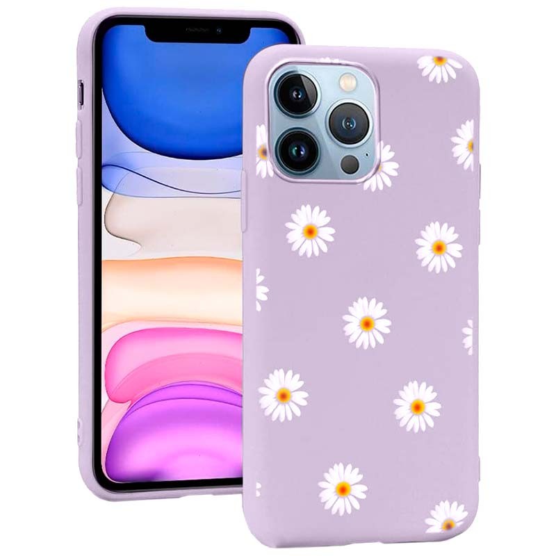 Capa de silicone lilás com estampado de margaritas para iPhone 14 Pro - Item1