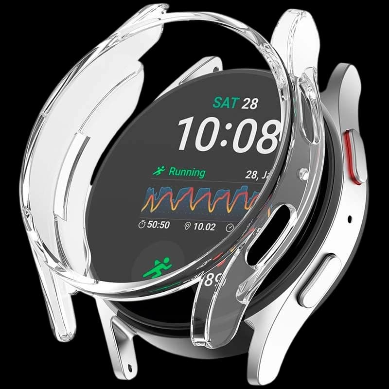 Funda PC + cristal templado para Samsung Galaxy Watch9, transparente, cubre bisel y laterales con recortes precisos, protege pantalla y botones sin añadir
