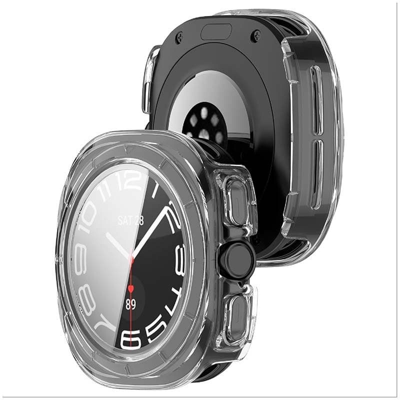 vista frontal y trasera de la Funda PC transparente + Cristal Templado Samsung Galaxy Watch Ultra 47mm