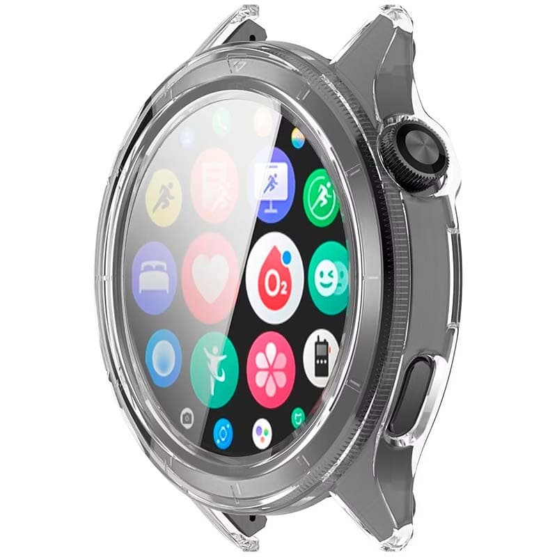 Capa PC transparente com vidro temperado para OnePlus Watch 4, bordas reforçadas, recortes precisos e proteção 360° contra riscos e impactos