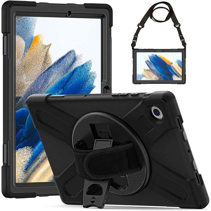 Coque Samsung Galaxy Tab A8 - Support rotatif - Dragonne de poignet - Noir