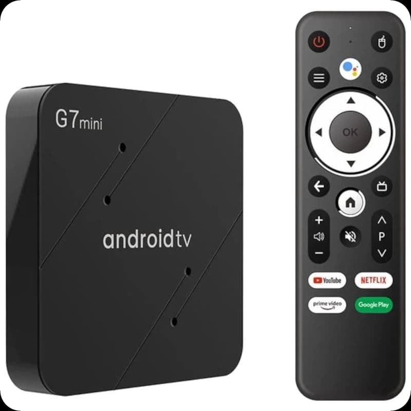 G7 Mini S905W2 Android TV box preta compacta com controle remoto, 2GB RAM 16GB, 4K HDR10, Wi‑Fi dual band e atalhos para YouTube, Netflix e Prime Video