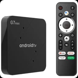 G7 Mini S905W2 Android TV box preta compacta com controle remoto, 2GB RAM 16GB, 4K HDR10, Wi‑Fi dual band e atalhos para YouTube, Netflix e Prime Video