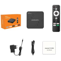 G7 Mini S905W2 TV box compacta preta com controle remoto, cabo HDMI, fonte e manual; design minimalista, Android TV, destaque 4K e HDR10 na embalagem