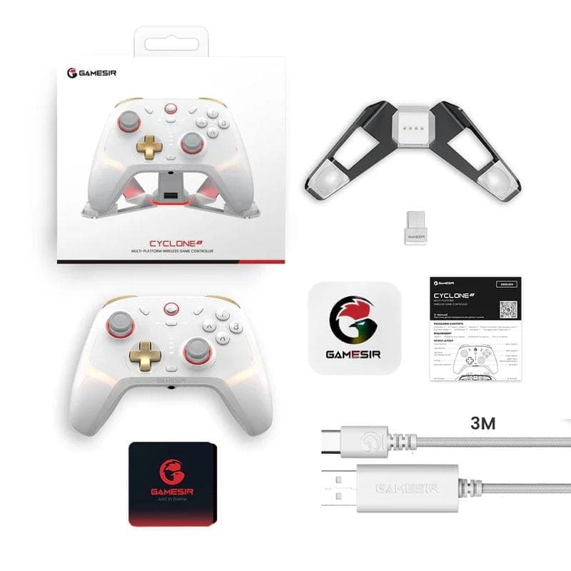 Contenido de la caja de Mando GameSir Cyclone 2 Daybreak Blanco con soporte - Gamepad Nintendo Switch/PC/Smartphones